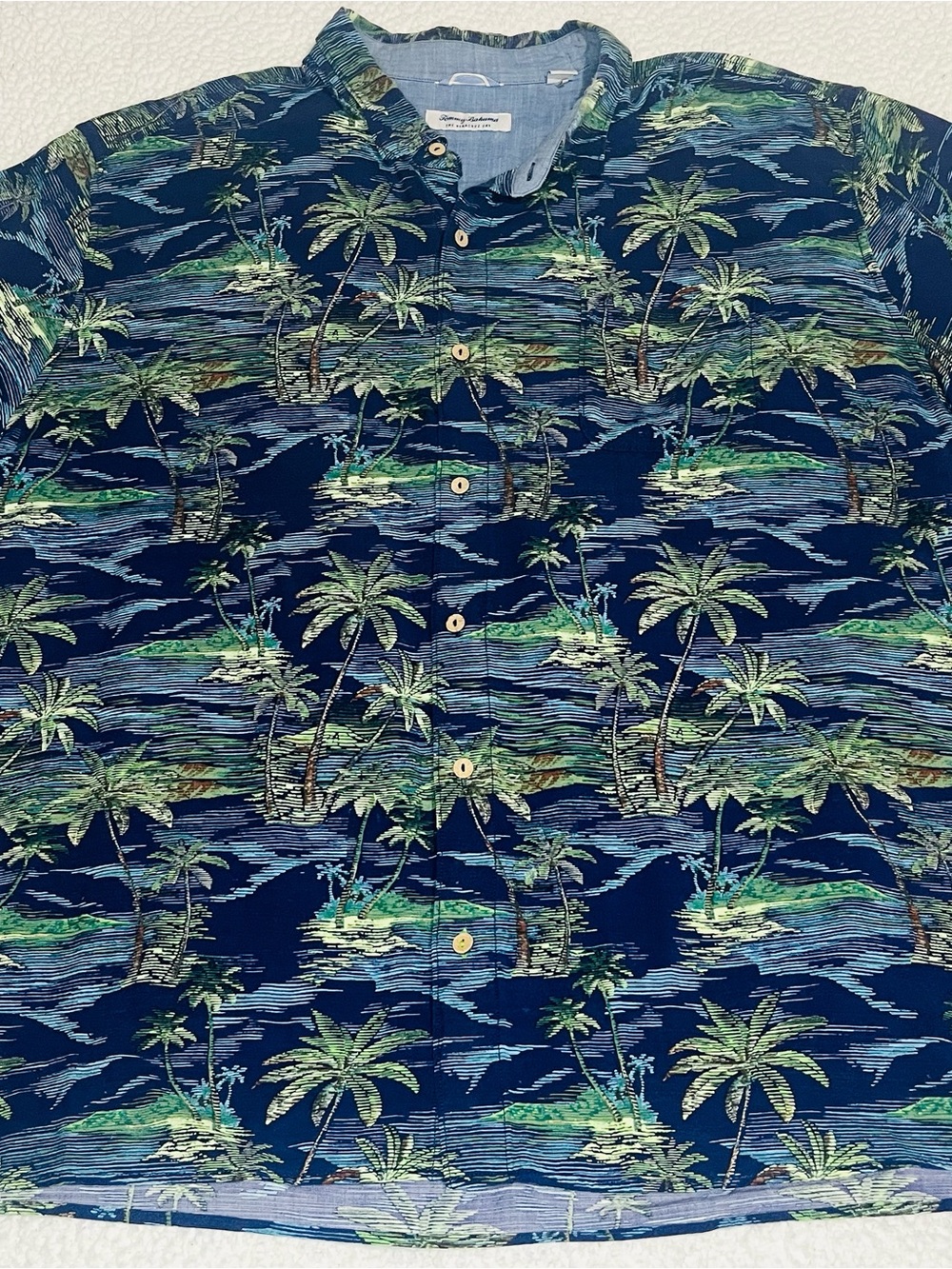 Tommy Bahama Veracruz Cay. Blue and Green Palm Island Print Button-Down Shirt